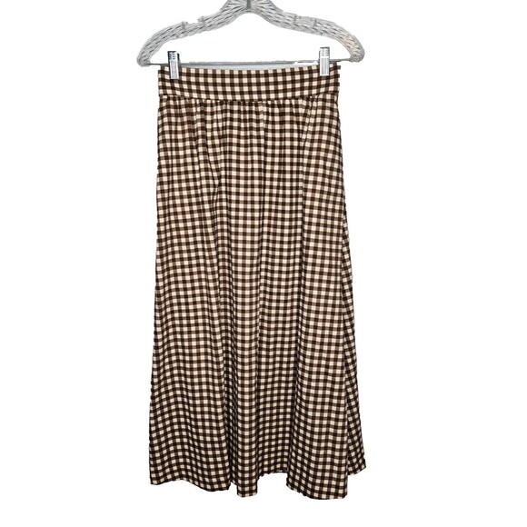 TILLIE Palm Beach Brown Gingham Midi Skirt Small Elastic Waist Pockets Preppy - Picture 1 of 7